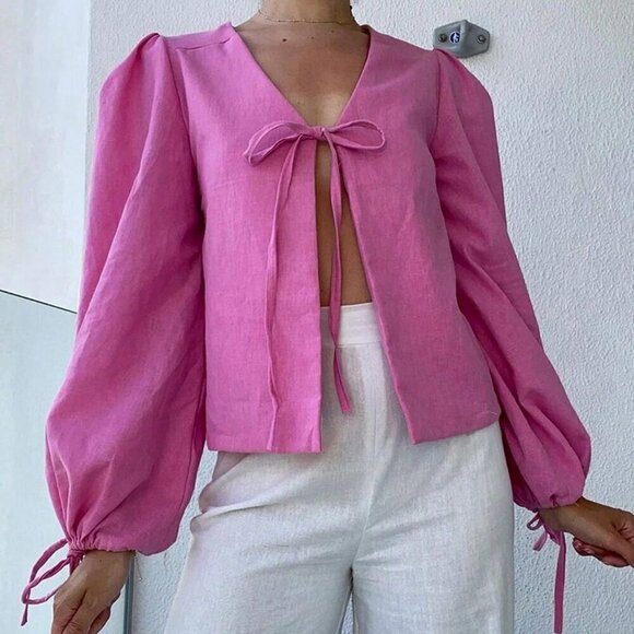 Hot Pink Casual Women's Solid Color Front Tie Lantern Sleeve Loose Blouse - Picture 4 of 5